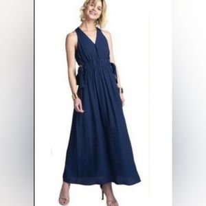 Slvls Plunging VNeck BowTie sides Date Night Maxi Dress Navy